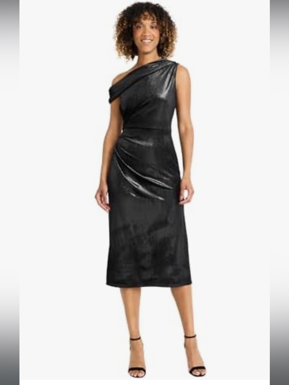 Maggy London Glittery Asymmetric One-Shoulder Black Midi Dress NWT